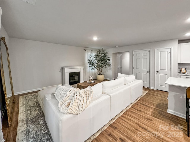 2807 Oldfield Dr, Monroe, NC 28110 - living area with a glass covered fireplace, light wood-style floors, and recessed lighting