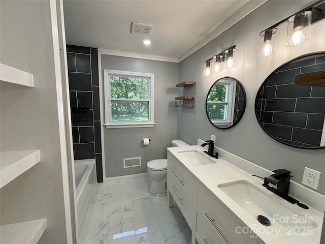 5335 NC-152 Hwy W, China Grove, NC 28023 - full bath featuring marble finish flooring, double vanity, shower / bath combination, and recessed lighting