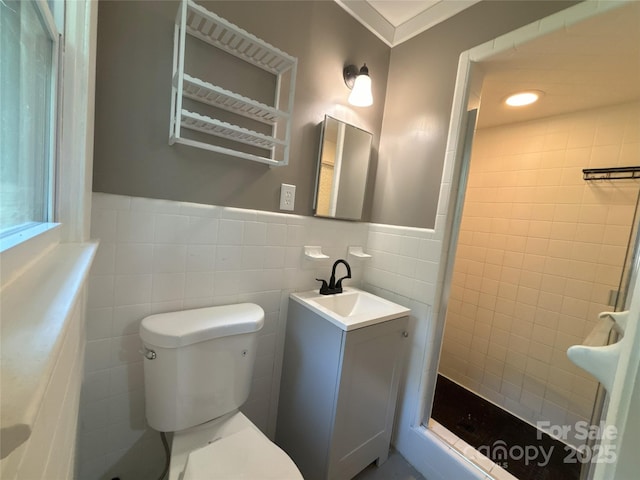 5335 NC-152 Hwy W, China Grove, NC 28023 - bathroom with a shower stall, vanity, tile walls, and a wainscoted wall