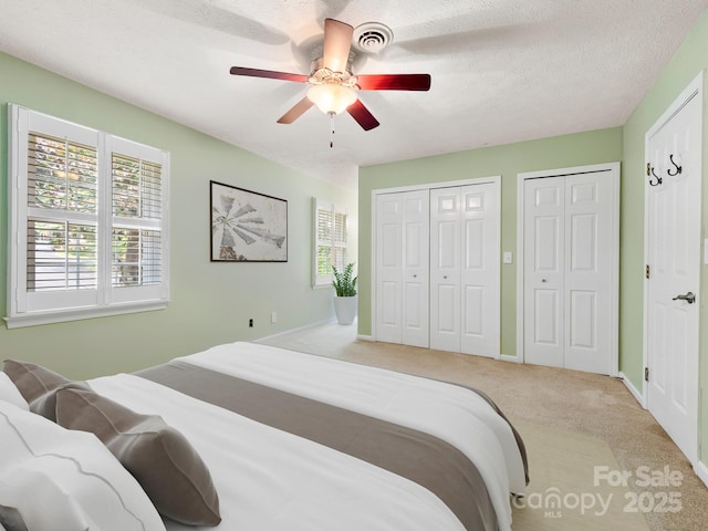 1411 Kensington Rd Unit C-1, Hendersonville, NC 28791 - bedroom with two closets, multiple windows, carpet flooring, ceiling fan, and a textured ceiling