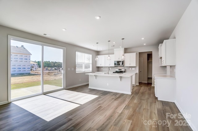1700 Honey Trl, Monroe, NC 28112 - kitchen with appliances with stainless steel finishes, an island with sink, light countertops, white cabinetry, and wood finished floors