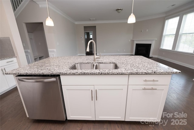 128 Carolina Ash Ln, Mooresville, NC 28117 - kitchen featuring dishwasher, white cabinets, open floor plan, hanging light fixtures, and ornamental molding