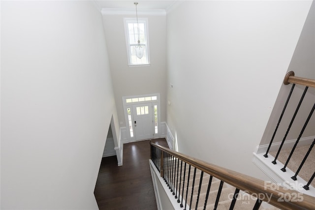 128 Carolina Ash Ln, Mooresville, NC 28117 - entrance foyer featuring wood finished floors, ornamental molding, stairs, and a towering ceiling