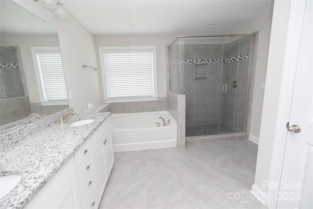 128 Carolina Ash Ln, Mooresville, NC 28117 - full bath with vanity, a shower stall, a bath, tile patterned flooring, and recessed lighting