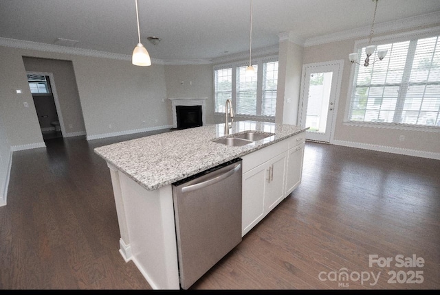 128 Carolina Ash Ln, Mooresville, NC 28117 - kitchen featuring crown molding, stainless steel dishwasher, open floor plan, and dark wood-style flooring