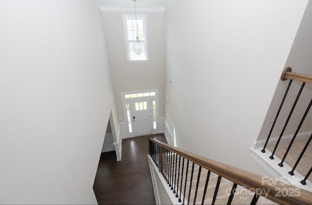 128 Carolina Ash Ln, Mooresville, NC 28117 - entryway featuring wood finished floors, ornamental molding, stairs, and a towering ceiling