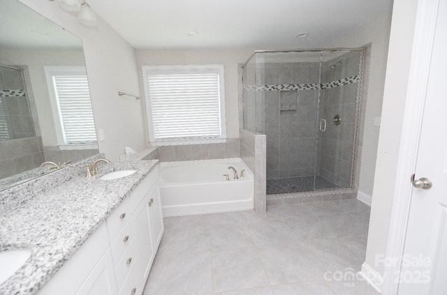 128 Carolina Ash Ln, Mooresville, NC 28117 - bathroom featuring double vanity, a bath, a shower stall, tile patterned flooring, and recessed lighting