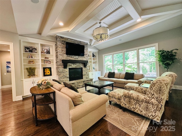7816 Clovervale Dr, Waxhaw, NC 28173 - living room featuring a fireplace, dark wood-type flooring, and built in features