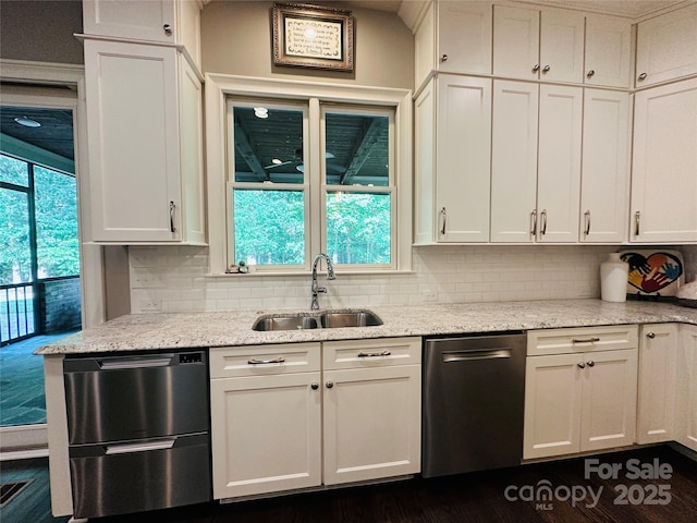 7816 Clovervale Dr, Waxhaw, NC 28173 - kitchen with stainless steel dishwasher, tasteful backsplash, and white cabinets