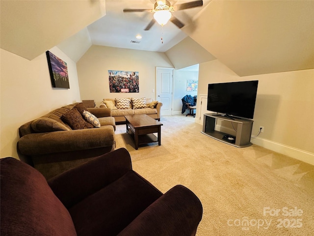 7816 Clovervale Dr, Waxhaw, NC 28173 - living area featuring ceiling fan, light carpet, and lofted ceiling