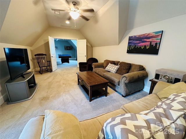 7816 Clovervale Dr, Waxhaw, NC 28173 - living area with vaulted ceiling, ceiling fan, and light colored carpet