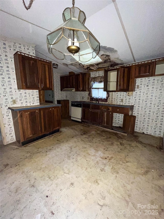 916 Steep Hill Rd, Belmont, NC 28012 - kitchen featuring dishwasher, wallpapered walls, pendant lighting, a peninsula, and dark brown cabinetry