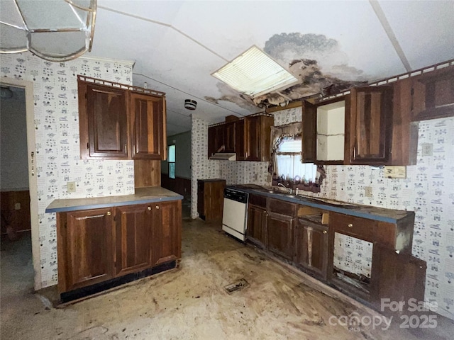 916 Steep Hill Rd, Belmont, NC 28012 - kitchen with dishwasher, wallpapered walls, and dark brown cabinets