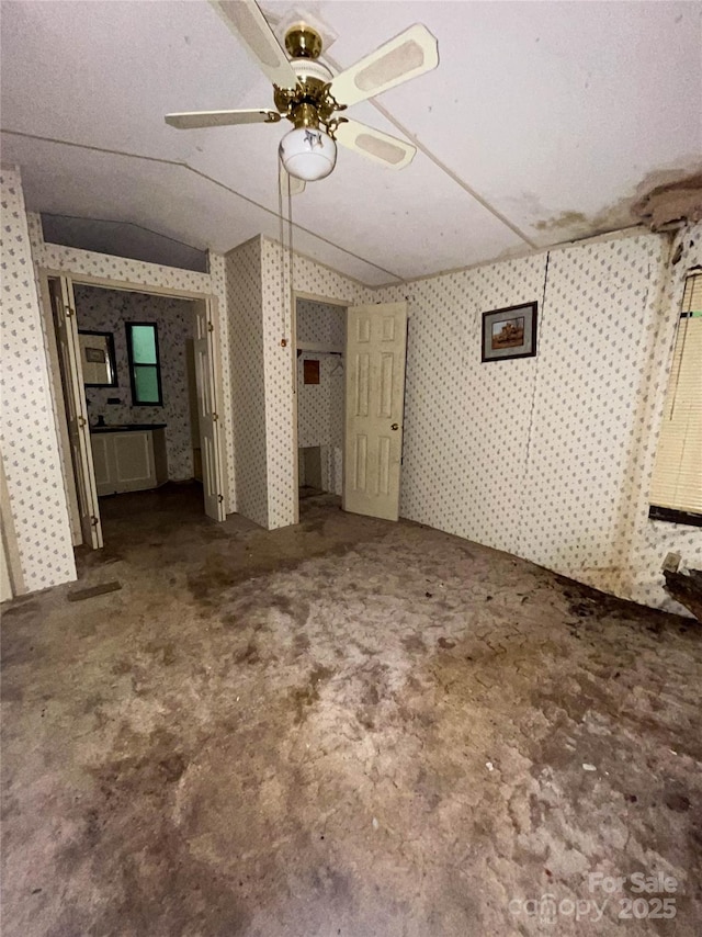 916 Steep Hill Rd, Belmont, NC 28012 - basement with wallpapered walls and a ceiling fan