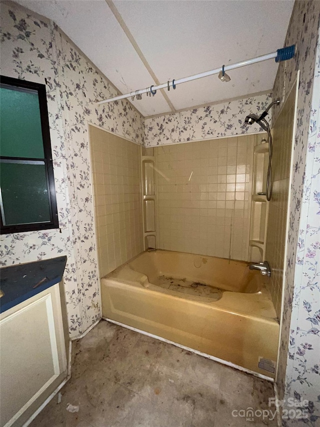 916 Steep Hill Rd, Belmont, NC 28012 - bathroom featuring wallpapered walls, washtub / shower combination, and vanity