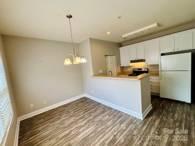 917 Shearer St Unit 15, Davidson, NC 28036 - kitchen featuring freestanding refrigerator, electric range, under cabinet range hood, dark wood-style floors, and recessed lighting
