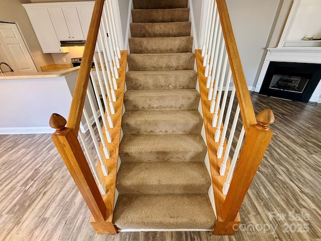 917 Shearer St Unit 15, Davidson, NC 28036 - stairway featuring wood finished floors and a fireplace