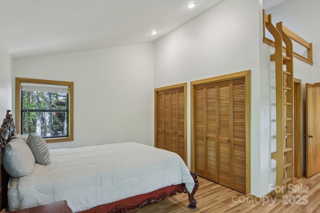 295 Dills Rd, Bryson City, NC 28713 - bedroom featuring two closets, wood finished floors, recessed lighting, and high vaulted ceiling