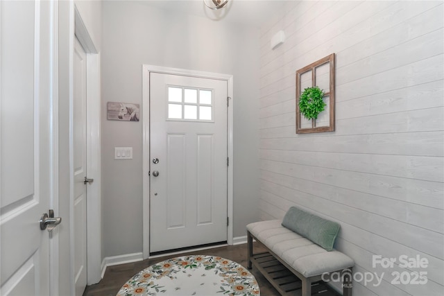 201 Fesperman Cir, Troutman, NC 28166 - foyer entrance featuring wooden walls and dark wood-style floors