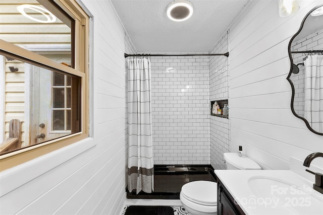 339 Deep Forest Ct, Gastonia, NC 28056 - bathroom with a textured ceiling, vanity, a shower with curtain, and wooden walls