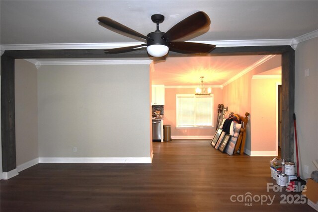 6264 Burnhurst Ln, Denver, NC 28037 - unfurnished living room featuring dark wood-style floors, ornamental molding, and a ceiling fan