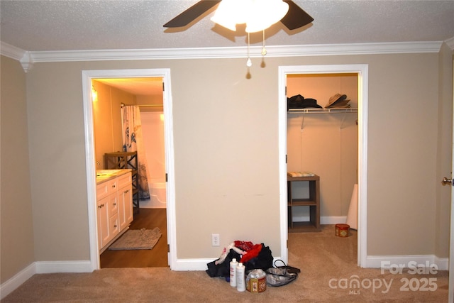 6264 Burnhurst Ln, Denver, NC 28037 - unfurnished bedroom with ornamental molding, carpet, a spacious closet, a textured ceiling, and ensuite bath