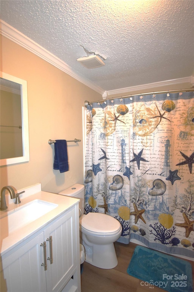 6264 Burnhurst Ln, Denver, NC 28037 - full bath featuring vanity, ornamental molding, wood finished floors, a textured ceiling, and a shower with curtain