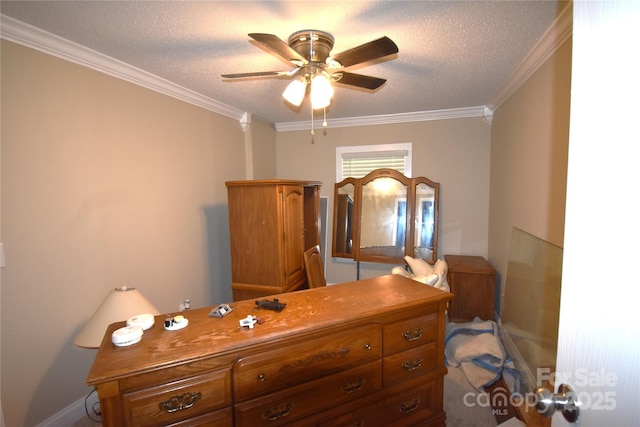 6264 Burnhurst Ln, Denver, NC 28037 - bedroom with crown molding, a textured ceiling, and a ceiling fan