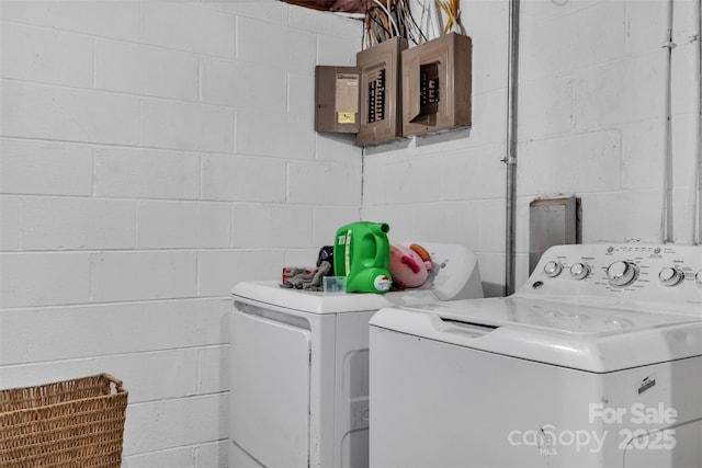 369 Birch Circle Dr, Hudson, NC 28638 - laundry room with separate washer and dryer, electric panel, and concrete block wall
