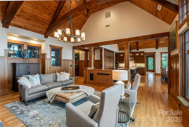 14 Clear Fork Ln, Fairview, NC 28730 - living room with a wooden ceiling with exposed beams, a chandelier, wainscoting, high vaulted ceiling, and light wood finished floors