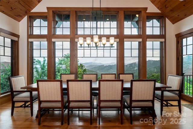 14 Clear Fork Ln, Fairview, NC 28730 - dining area featuring wooden ceiling, wood finished floors, a mountain view, high vaulted ceiling, and a chandelier