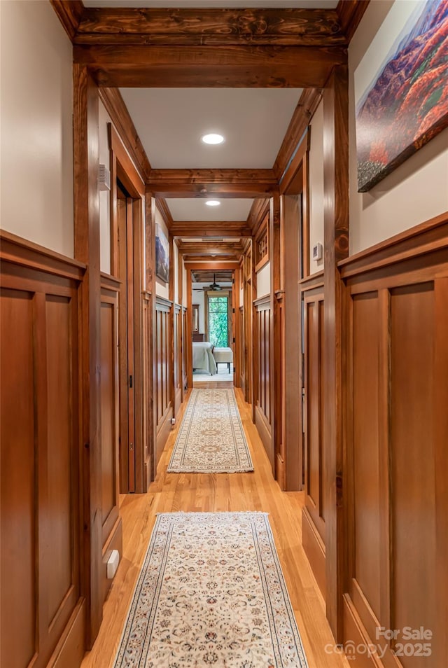 14 Clear Fork Ln, Fairview, NC 28730 - hall with a decorative wall, light wood-style floors, beamed ceiling, and crown molding