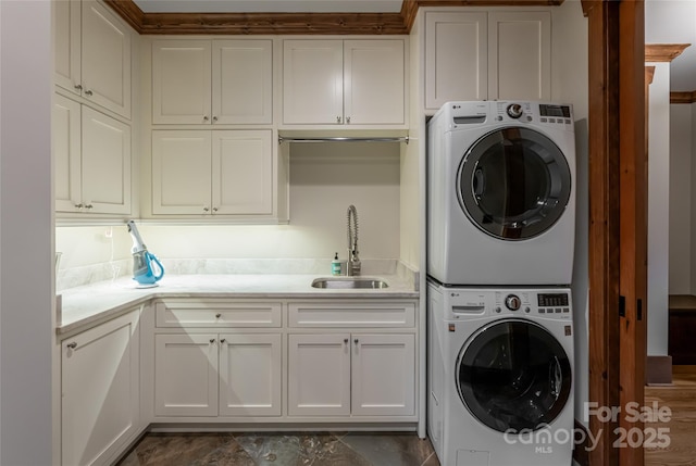 14 Clear Fork Ln, Fairview, NC 28730 - washroom featuring stacked washer / dryer and cabinet space