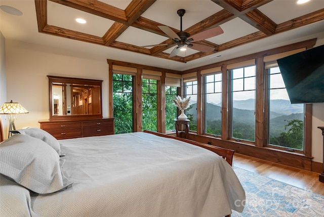 14 Clear Fork Ln, Fairview, NC 28730 - bedroom featuring wood finished floors, coffered ceiling, beamed ceiling, and recessed lighting