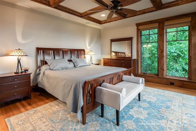 14 Clear Fork Ln, Fairview, NC 28730 - bedroom featuring coffered ceiling, wood finished floors, beamed ceiling, and ceiling fan