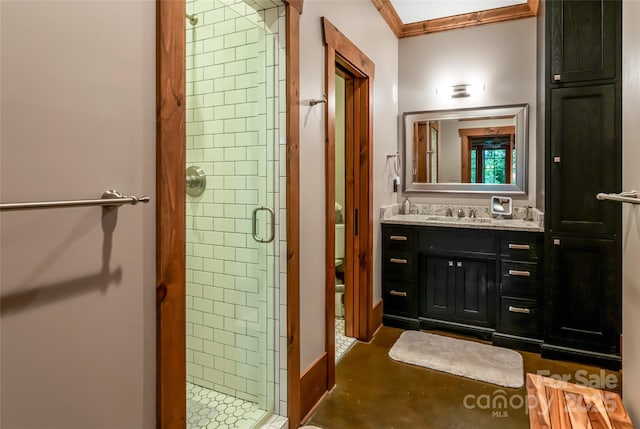 14 Clear Fork Ln, Fairview, NC 28730 - full bathroom featuring a shower stall, vanity, and crown molding