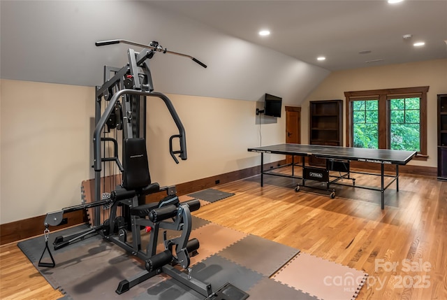 14 Clear Fork Ln, Fairview, NC 28730 - exercise area with vaulted ceiling, wood finished floors, and recessed lighting