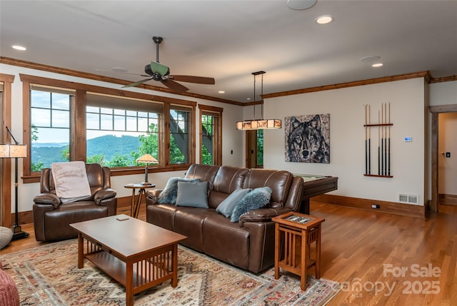 14 Clear Fork Ln, Fairview, NC 28730 - living area featuring ornamental molding, light wood finished floors, ceiling fan, and recessed lighting
