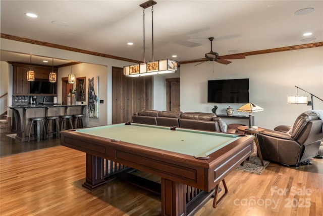 14 Clear Fork Ln, Fairview, NC 28730 - recreation room with billiards table, wood finished floors, recessed lighting, wet bar, and ceiling fan