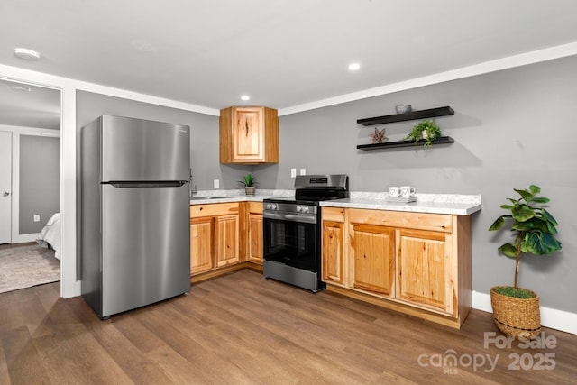 6672 Brevard Rd, Etowah, NC 28729 - kitchen featuring stainless steel appliances, light countertops, dark wood-style floors, open shelves, and recessed lighting