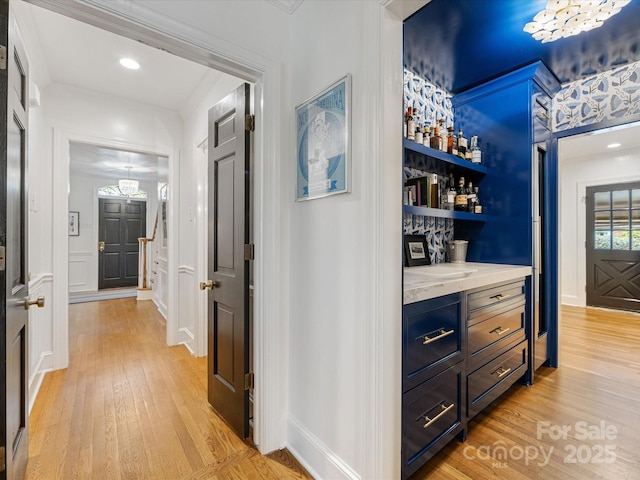 2912 Wheelock Rd, Charlotte, NC 28211 - hall with light wood finished floors, recessed lighting, and stairs