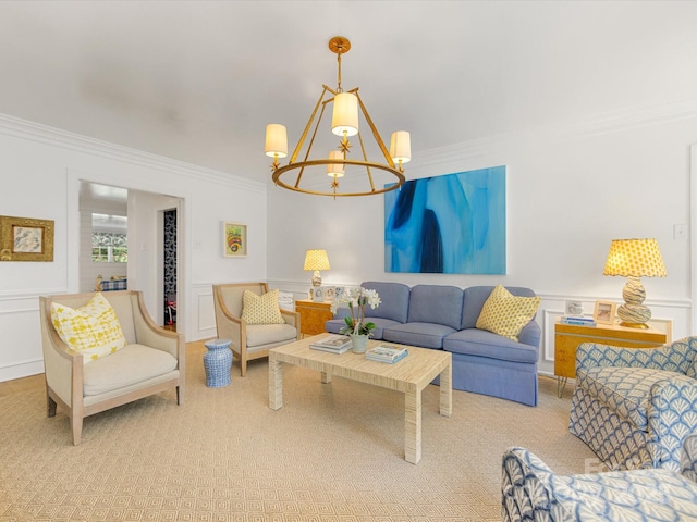 2912 Wheelock Rd, Charlotte, NC 28211 - carpeted living room with a chandelier, a decorative wall, crown molding, and a wainscoted wall