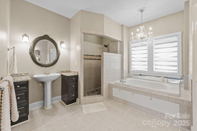 543 Muirfield Way, Salisbury, NC 28144 - full bath featuring a bath, tiled shower, tile patterned flooring, and a chandelier