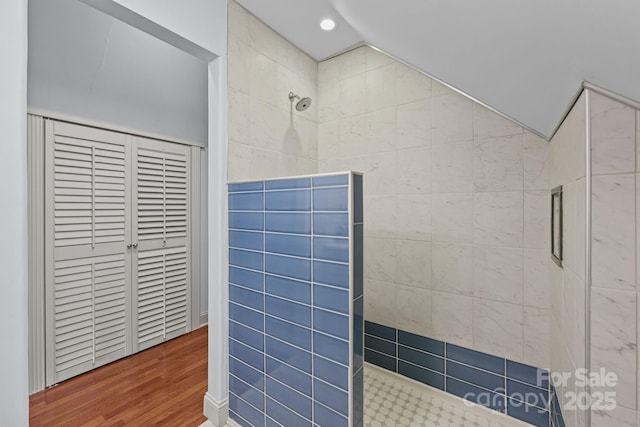 543 Muirfield Way, Salisbury, NC 28144 - full bathroom with a walk in shower, vaulted ceiling, wood finished floors, and recessed lighting