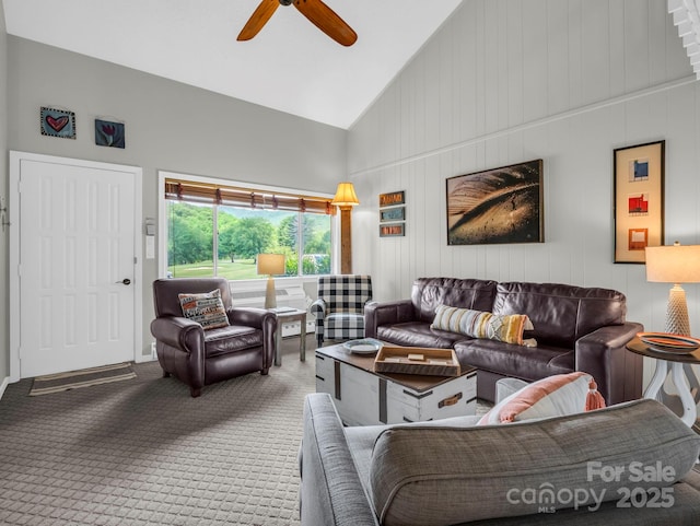 140 W Lake Dr Unit 301, Lake Lure, NC 28746 - carpeted living room with high vaulted ceiling and ceiling fan