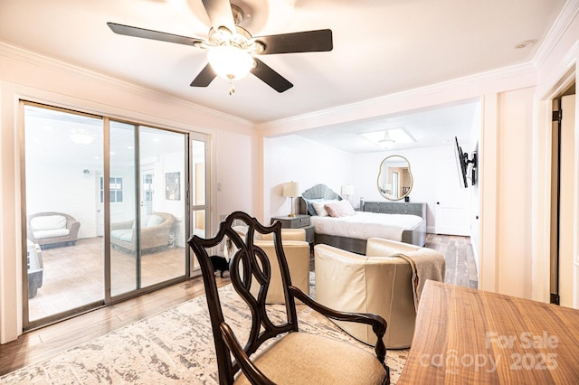 122 15th Ave NW, Hickory, NC 28601 - bedroom with access to outside, light wood-style floors, ornamental molding, and a ceiling fan