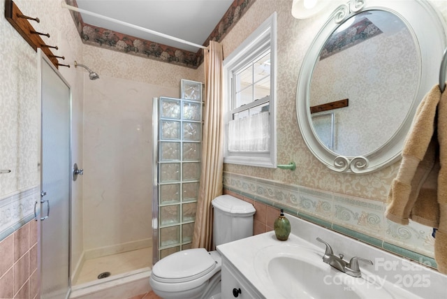 262 8th Ave, Cramerton, NC 28032 - full bathroom featuring wallpapered walls, a stall shower, and vanity