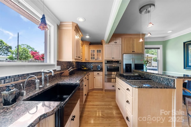 262 8th Ave, Cramerton, NC 28032 - kitchen featuring ornamental molding, stainless steel appliances, glass insert cabinets, dark stone countertops, and backsplash