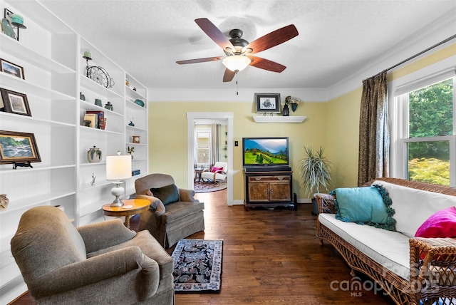 262 8th Ave, Cramerton, NC 28032 - living room with wood finished floors, a ceiling fan, and a textured ceiling