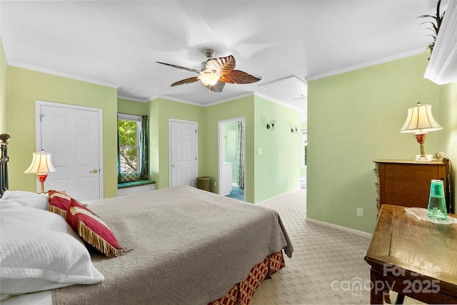 262 8th Ave, Cramerton, NC 28032 - bedroom with attic access, light carpet, ornamental molding, a ceiling fan, and ensuite bathroom